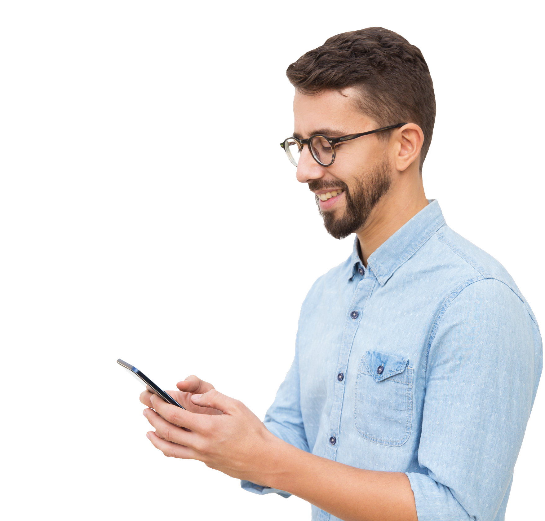 Smiling employee in a denim shirt scrolling on his cell phone
