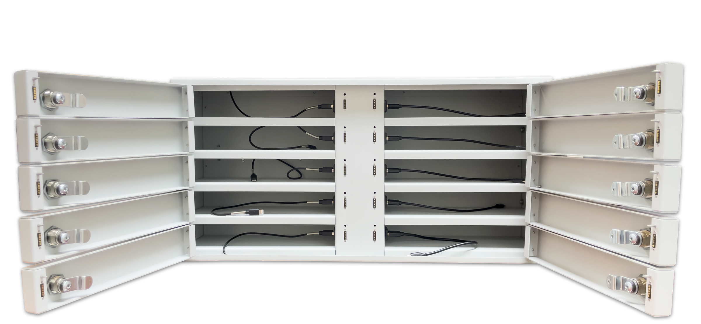 PhoneLess locker with all doors open showing the USB charging ports inside