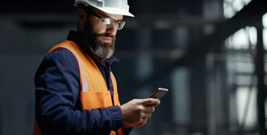 Industrial engineer on his phone inside a plant